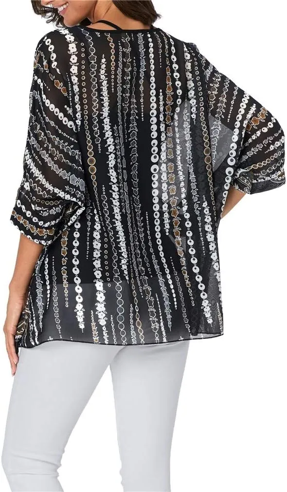 Womens Summer Printed Batwing Sleeve Top Chiffon Poncho Casual Loose Sheer Blouse Shirt