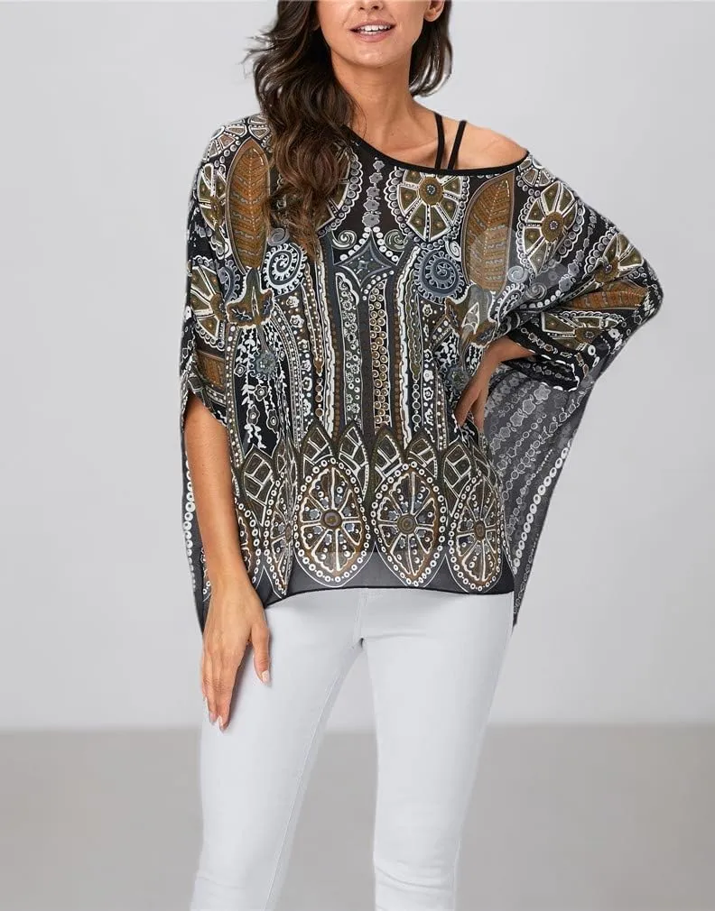 Womens Summer Printed Batwing Sleeve Top Chiffon Poncho Casual Loose Sheer Blouse Shirt