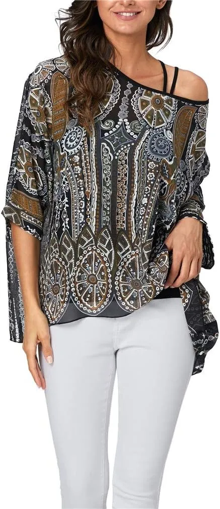 Womens Summer Printed Batwing Sleeve Top Chiffon Poncho Casual Loose Sheer Blouse Shirt