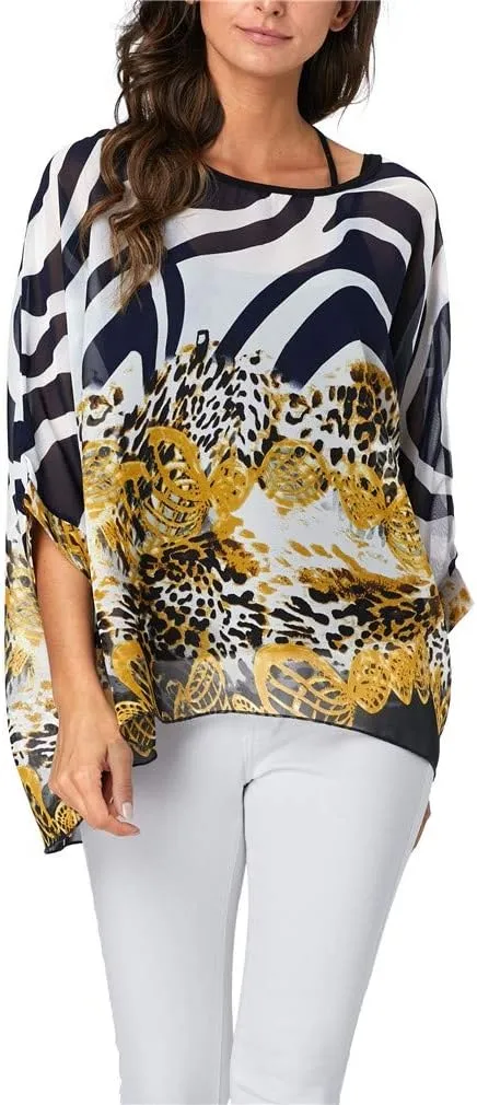 Womens Summer Printed Batwing Sleeve Top Chiffon Poncho Casual Loose Sheer Blouse Shirt