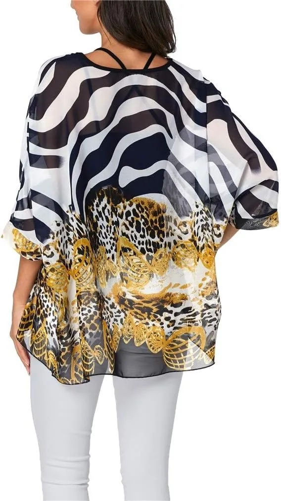 Womens Summer Printed Batwing Sleeve Top Chiffon Poncho Casual Loose Sheer Blouse Shirt