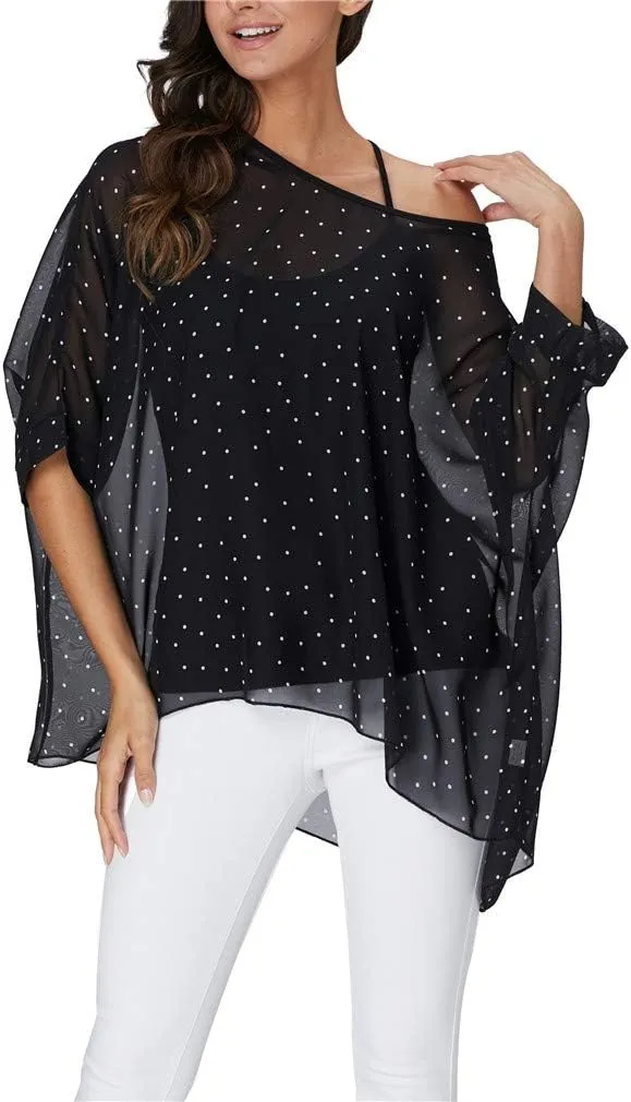 Womens Summer Printed Batwing Sleeve Top Chiffon Poncho Casual Loose Sheer Blouse Shirt