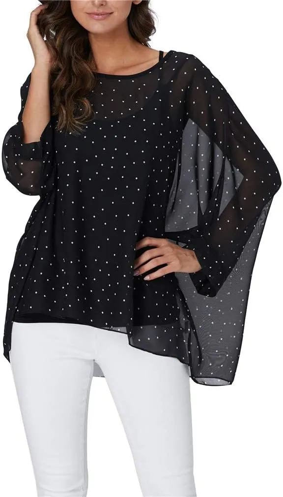 Womens Summer Printed Batwing Sleeve Top Chiffon Poncho Casual Loose Sheer Blouse Shirt