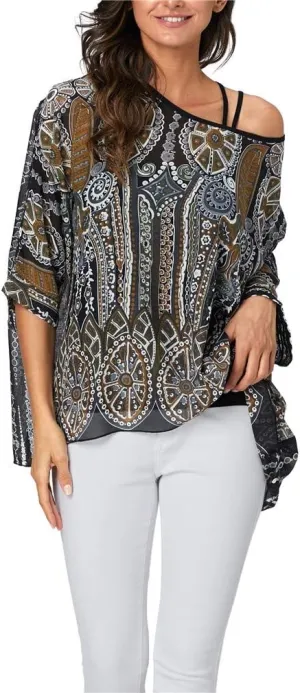 Womens Summer Printed Batwing Sleeve Top Chiffon Poncho Casual Loose Sheer Blouse Shirt