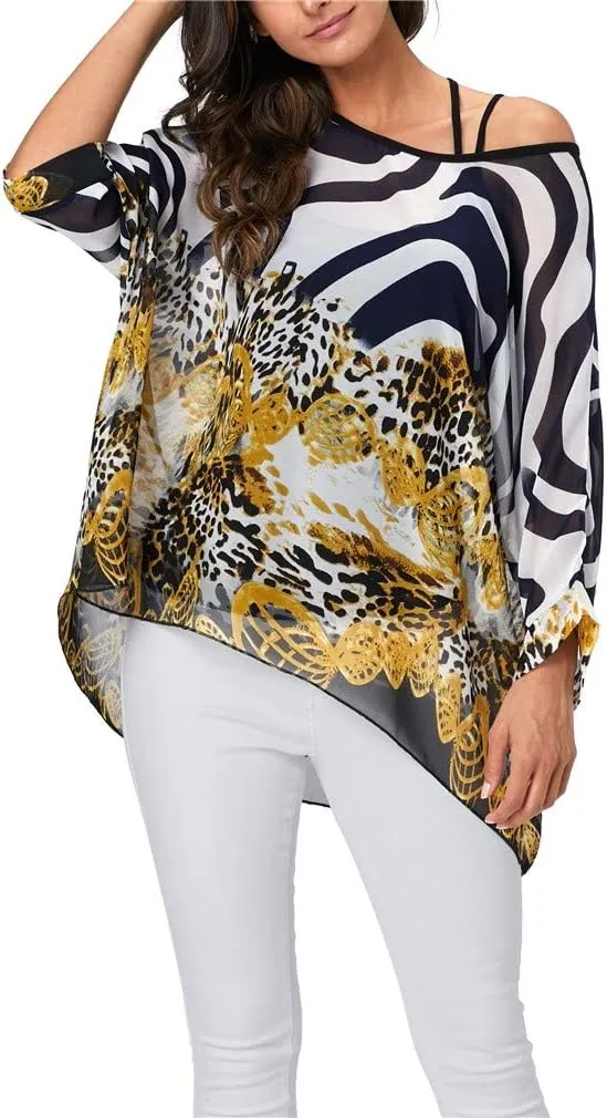 Womens Summer Printed Batwing Sleeve Top Chiffon Poncho Casual Loose Sheer Blouse Shirt