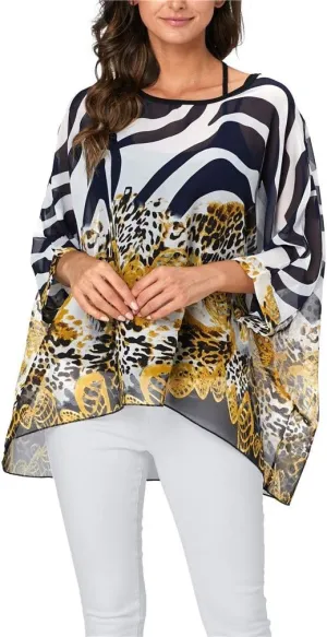 Womens Summer Printed Batwing Sleeve Top Chiffon Poncho Casual Loose Sheer Blouse Shirt