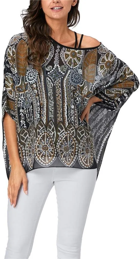 Womens Summer Printed Batwing Sleeve Top Chiffon Poncho Casual Loose Sheer Blouse Shirt