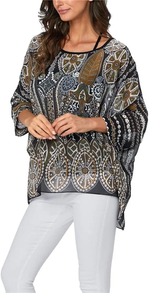 Womens Summer Printed Batwing Sleeve Top Chiffon Poncho Casual Loose Sheer Blouse Shirt