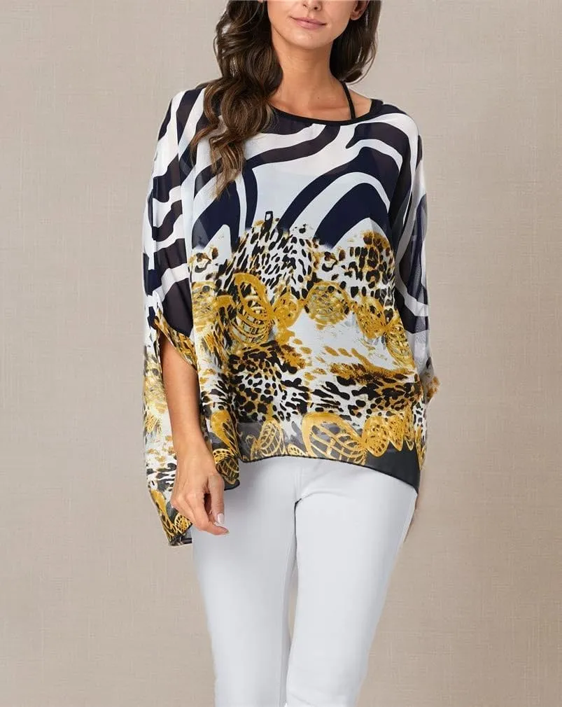 Womens Summer Printed Batwing Sleeve Top Chiffon Poncho Casual Loose Sheer Blouse Shirt