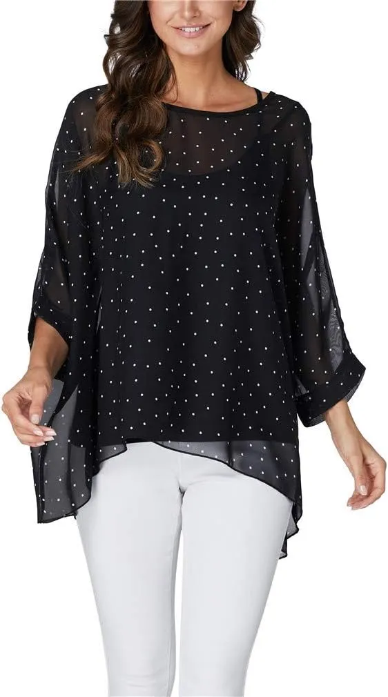 Womens Summer Printed Batwing Sleeve Top Chiffon Poncho Casual Loose Sheer Blouse Shirt