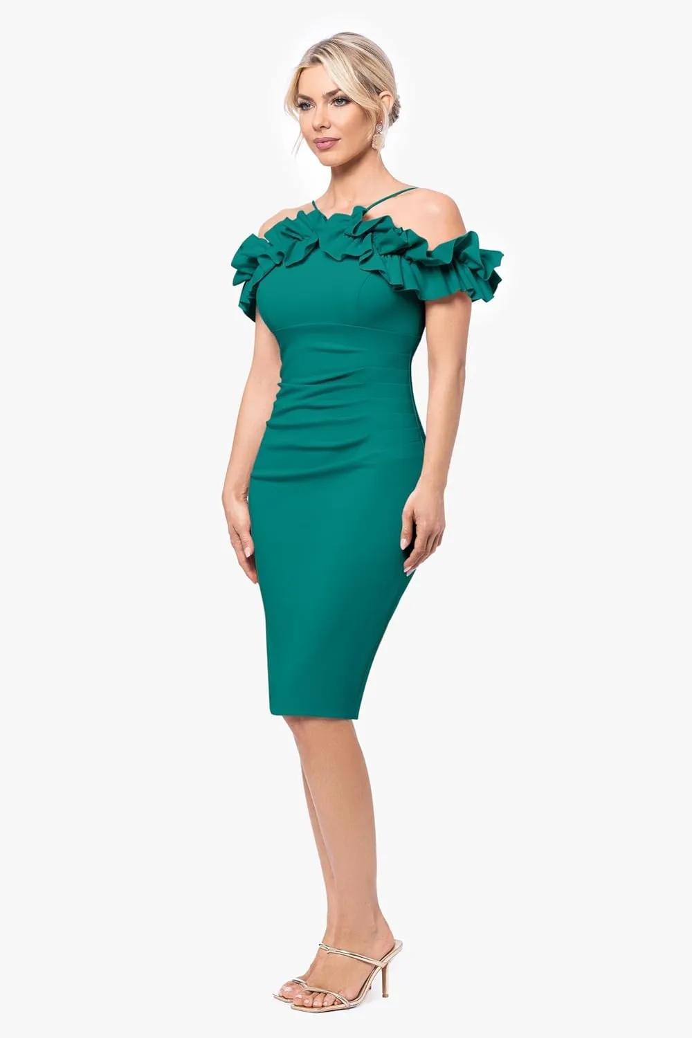 Xscape Women's Halter Neck Ruffle Off The Shoulder Scuba Crepe Midi Dress