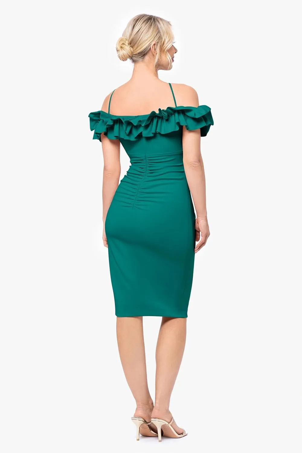 Xscape Women's Halter Neck Ruffle Off The Shoulder Scuba Crepe Midi Dress