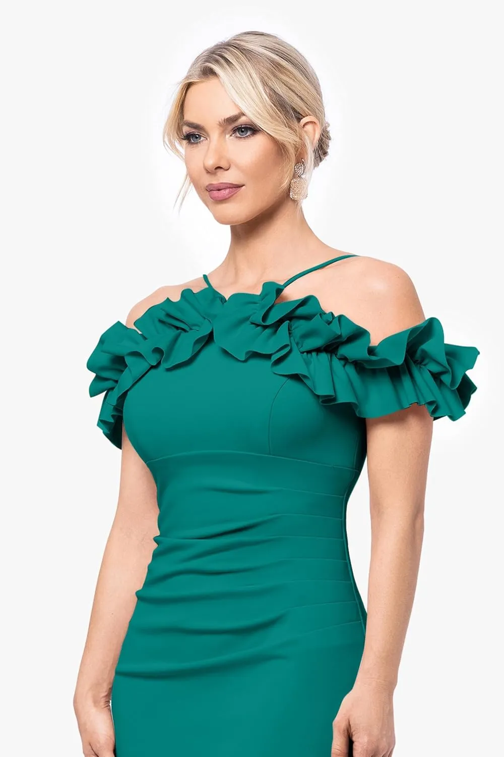 Xscape Women's Halter Neck Ruffle Off The Shoulder Scuba Crepe Midi Dress