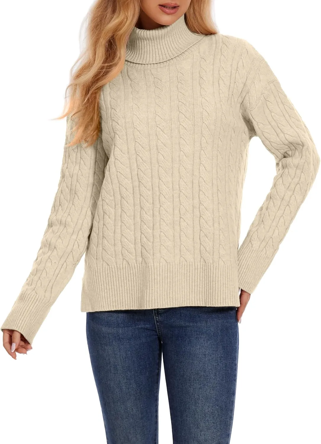 ZANZEA Turtleneck Sweater Women Long Sleeve Oversized Pullover Spilt Hem Chunky Cable Knit Jumper Fall Sweaters 2024