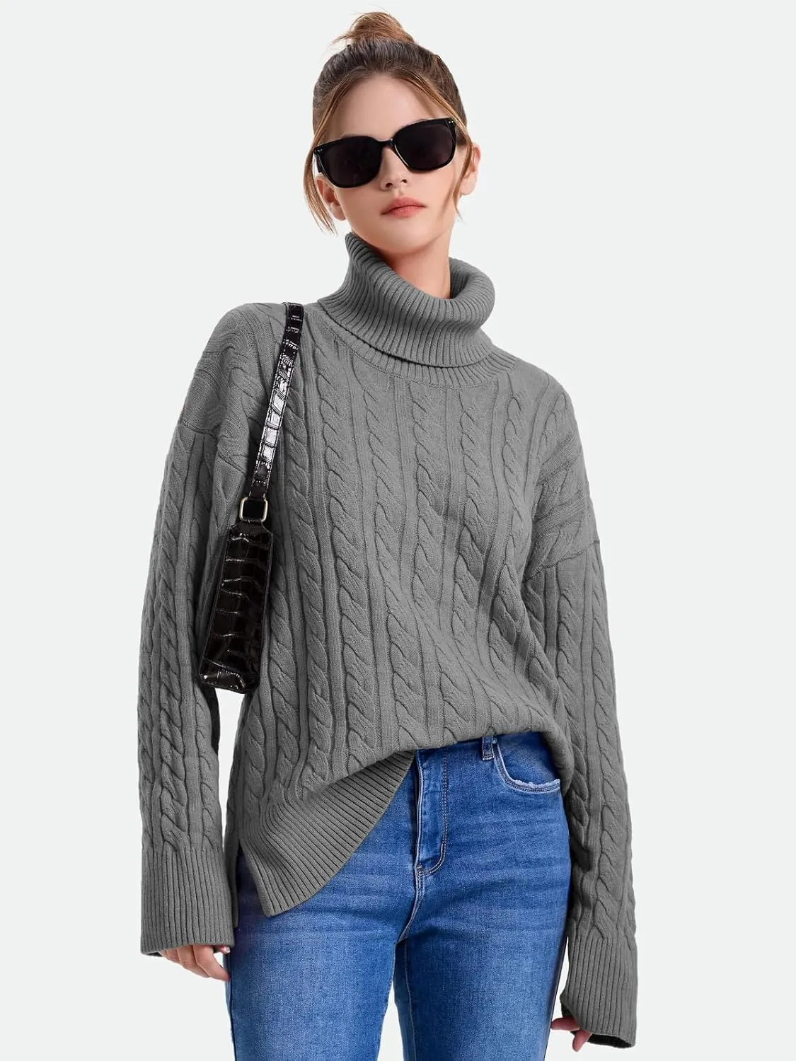 ZANZEA Turtleneck Sweater Women Long Sleeve Oversized Pullover Spilt Hem Chunky Cable Knit Jumper Fall Sweaters 2024