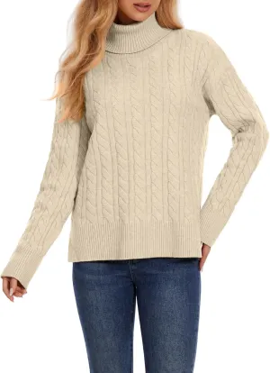 ZANZEA Turtleneck Sweater Women Long Sleeve Oversized Pullover Spilt Hem Chunky Cable Knit Jumper Fall Sweaters 2024