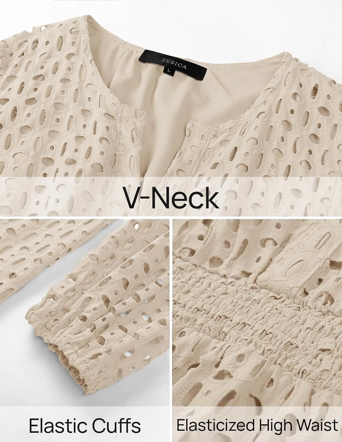 ZESICA Women's 2025 Long Sleeve Mini Dress Spring V Neck Hollow Out Eyelet Embroidery Ruffle A Line Swing Short Dresses
