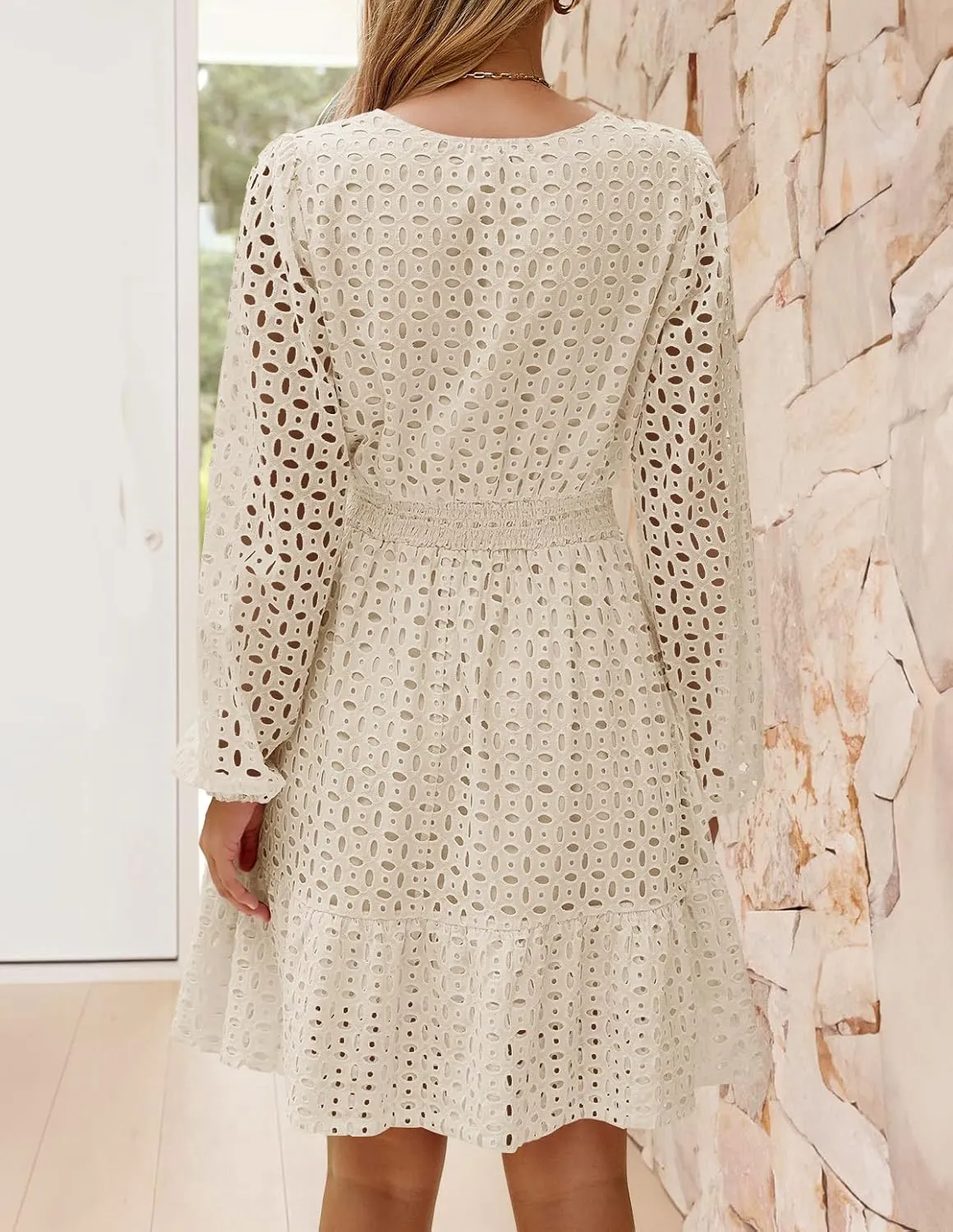 ZESICA Women's 2025 Long Sleeve Mini Dress Spring V Neck Hollow Out Eyelet Embroidery Ruffle A Line Swing Short Dresses