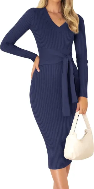 ZESICA Women's Spring Sweater Dress V Neck Long Sleeve Ribbed Knit Tie Waist Slim Fit Bodycon Midi Dresses
