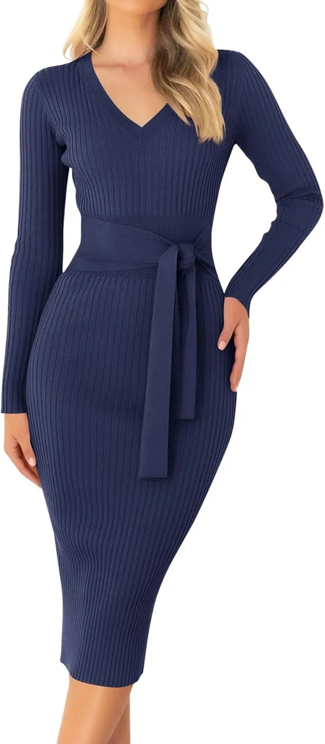 ZESICA Women's Spring Sweater Dress V Neck Long Sleeve Ribbed Knit Tie Waist Slim Fit Bodycon Midi Dresses