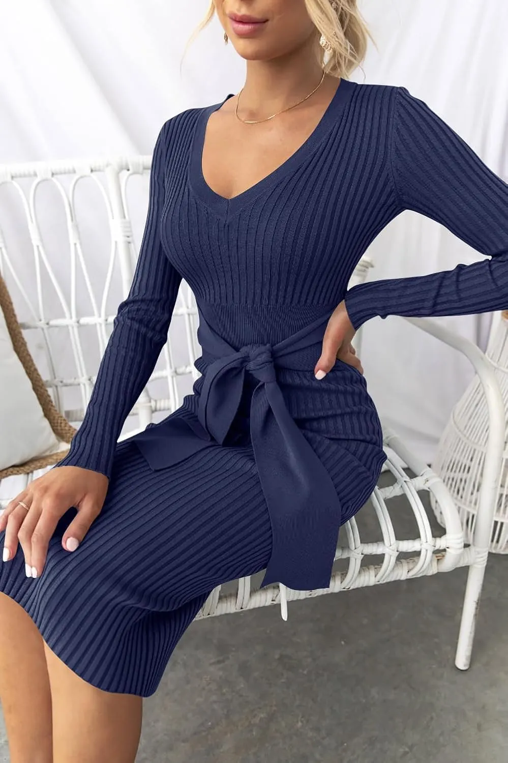 ZESICA Women's Spring Sweater Dress V Neck Long Sleeve Ribbed Knit Tie Waist Slim Fit Bodycon Midi Dresses